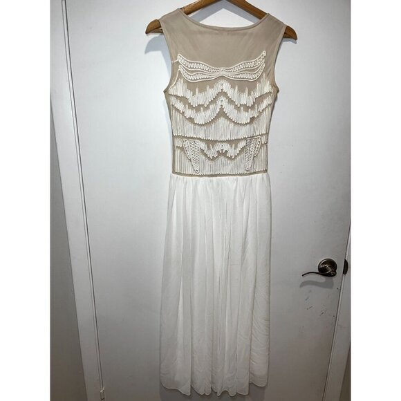 Maje Embroidered Beige & White Sleeveless Midi Dress With Sheer Women Small - Picture 4 of 10